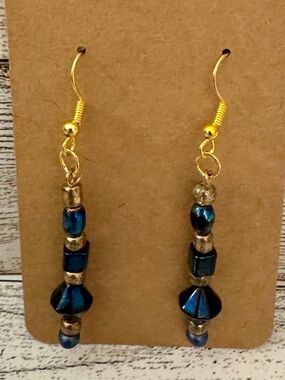 Blue and Gold Bead Dangle Earrings